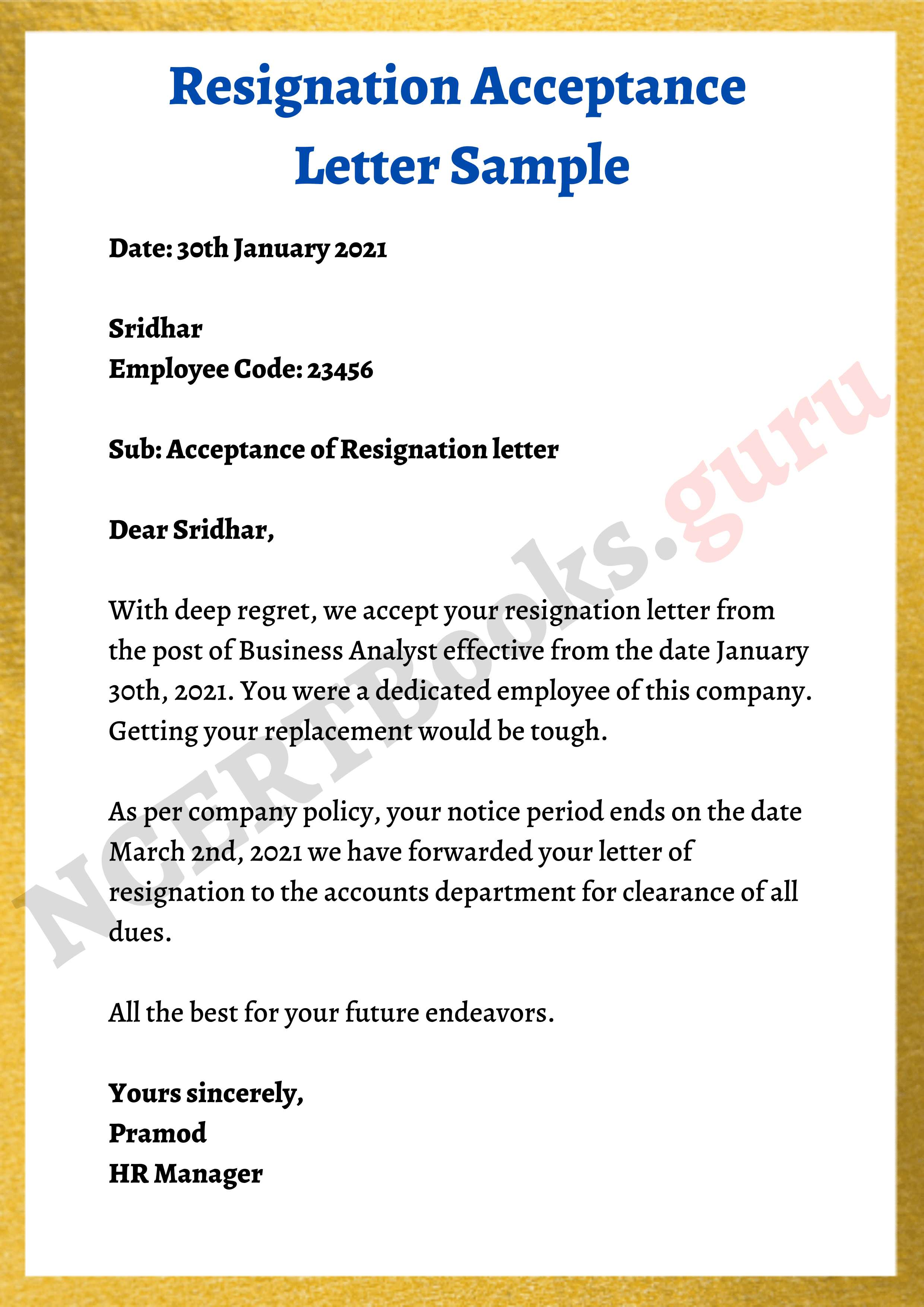 Resignation Acceptance Letter Format Samples Template