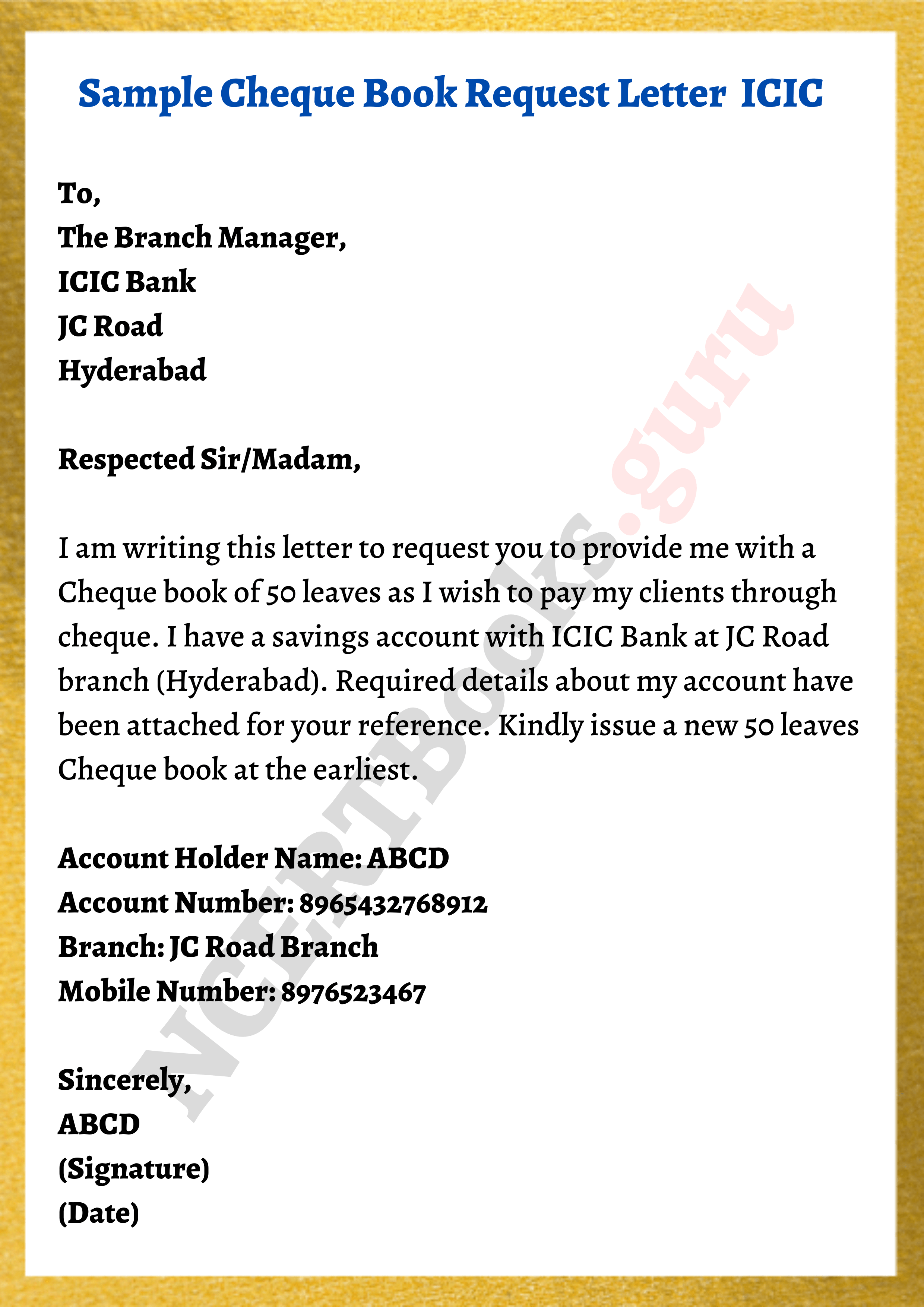 bank cheque book application letter