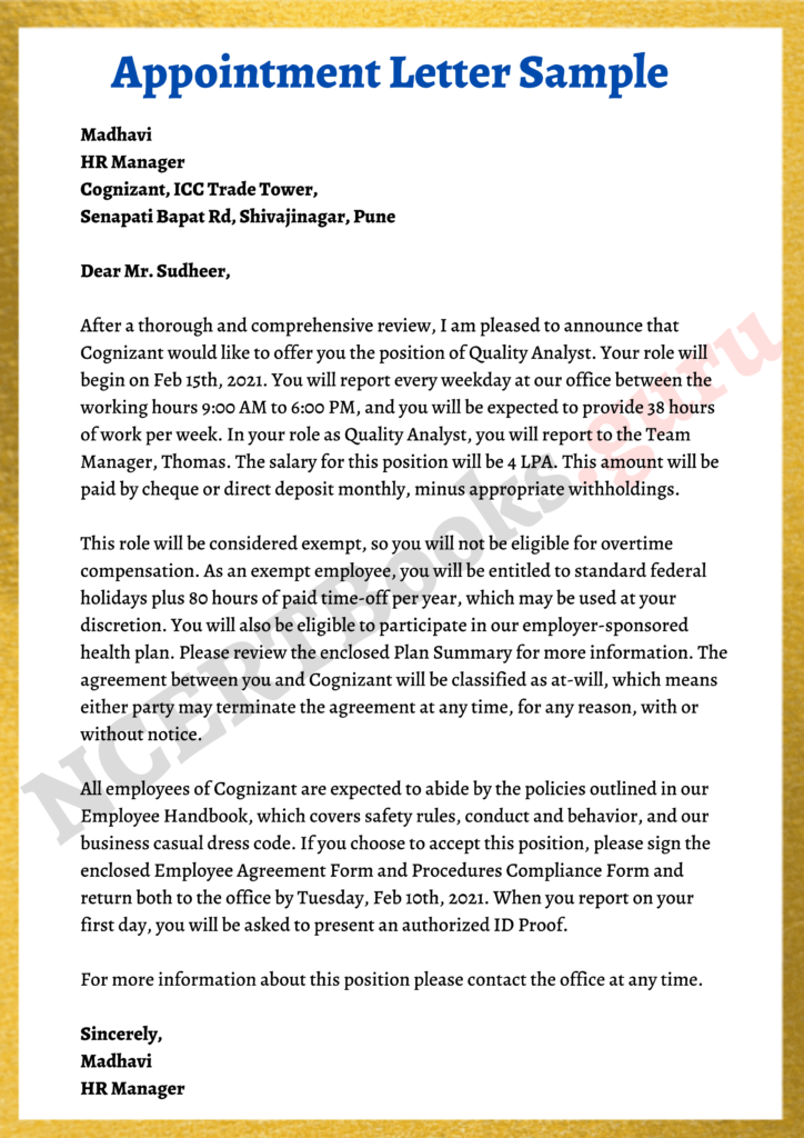 Appointment Letter Email Template