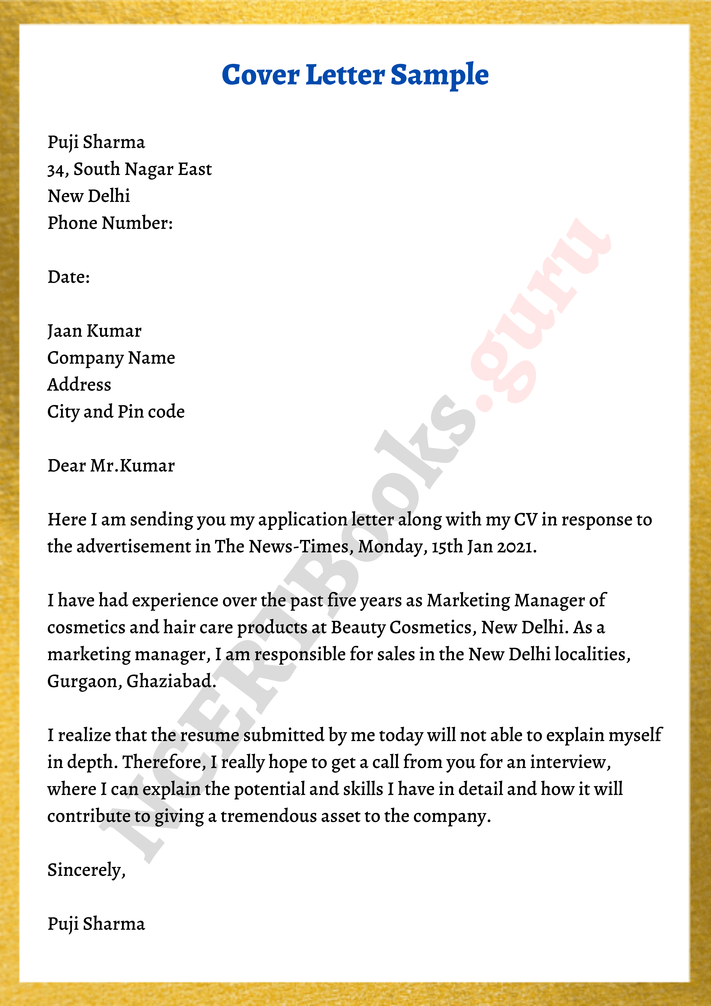 cover letter for resume in india