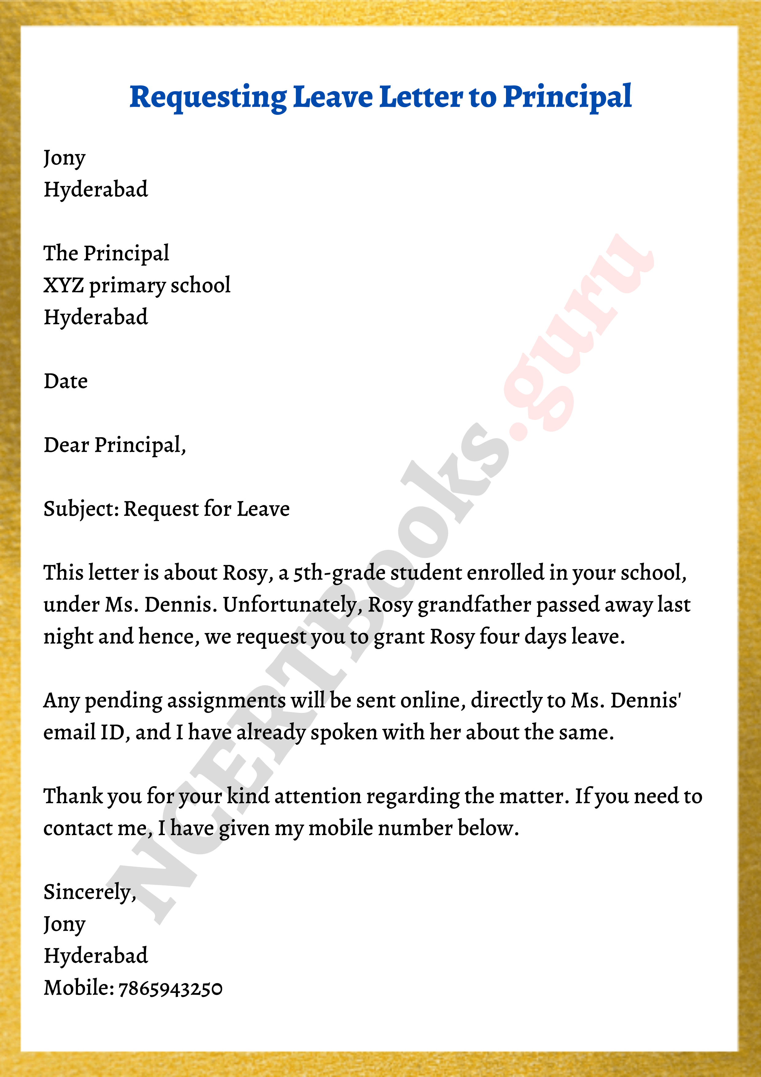 sample application letter to principal for leave